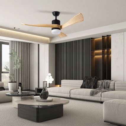 ZEVENTI - LED lubinis ventiliatorius NATURITO LED/18W/230V 3000/4000/6000K Wi-Fi Tuya juodas/ąžuolas + nuotolinis pultelis