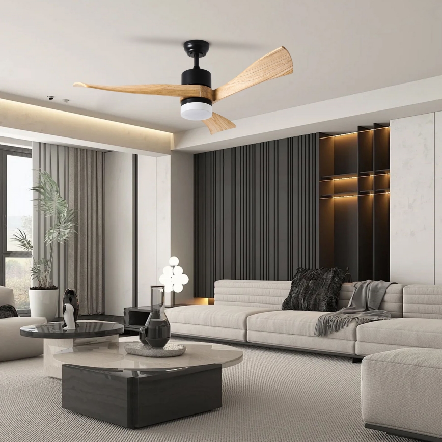 ZEVENTI - LED lubinis ventiliatorius NATURITO LED/18W/230V 3000/4000/6000K Wi-Fi Tuya juodas/ąžuolas + nuotolinis pultelis