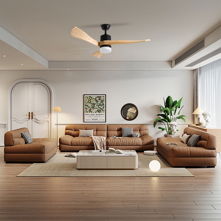 ZEVENTI - LED lubinis ventiliatorius NATURITO LED/18W/230V 3000/4000/6000K Wi-Fi Tuya juodas/ąžuolas + nuotolinis pultelis