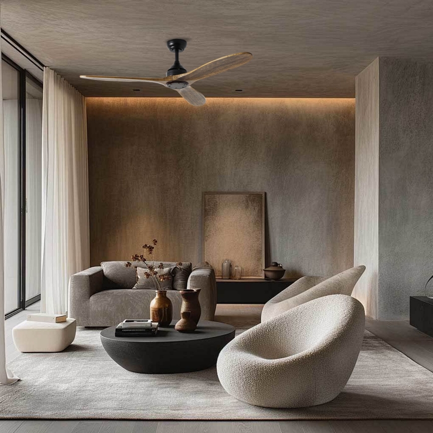 ZEVENTI - Lubinis ventiliatorius LAURIA Wi-Fi Tuya juodas/ąžuolas + nuotolinio valdymo pultas