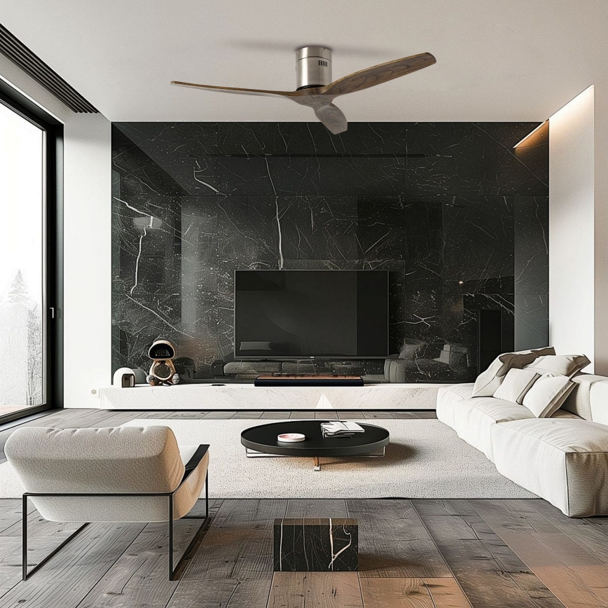 ZEVENTI - Lubinis ventiliatorius SPELLO Wi-Fi Tuya matinis chromas/ąžuolas + nuotolinis valdymas