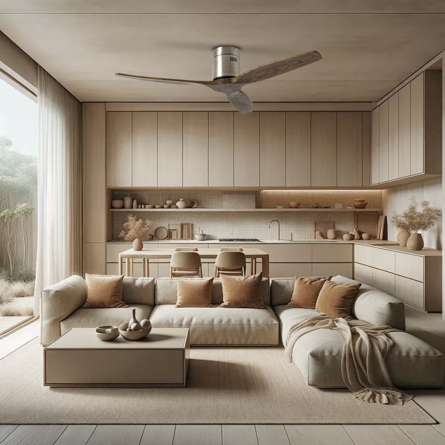 ZEVENTI - Lubinis ventiliatorius SPELLO Wi-Fi Tuya matinis chromas/ąžuolas + nuotolinis valdymas