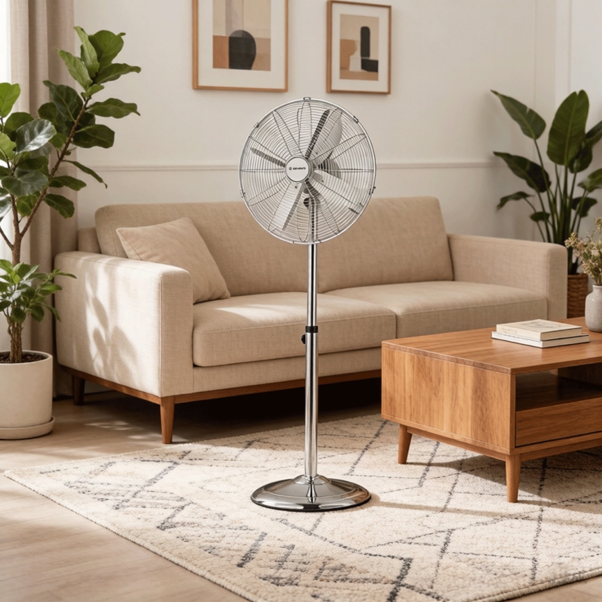 ZEVENTI - Pastatomas ventiliatorius FLOW 50W/230V 125 cm blizgus chromas