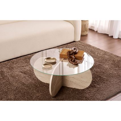 Žurnalinis staliukas BUBBLE skersmuo 75 cm travertinas/skaidrus