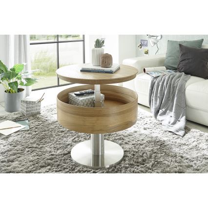Žurnalinis staliukas ELEMENT su pakeliamu stalviršiu, skersmuo 60 cm, ąžuolas/sidabrinė