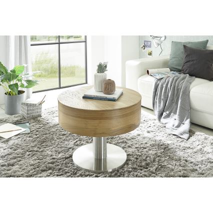 Žurnalinis staliukas ELEMENT su pakeliamu stalviršiu, skersmuo 60 cm, ąžuolas/sidabrinė